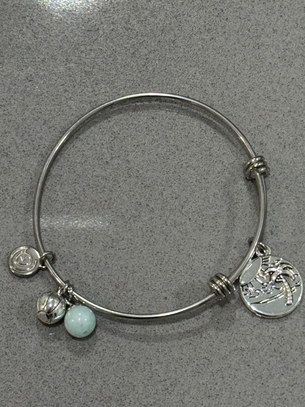 Silver-Tone Palm Tree Charm Bangle with Light Blue Bead